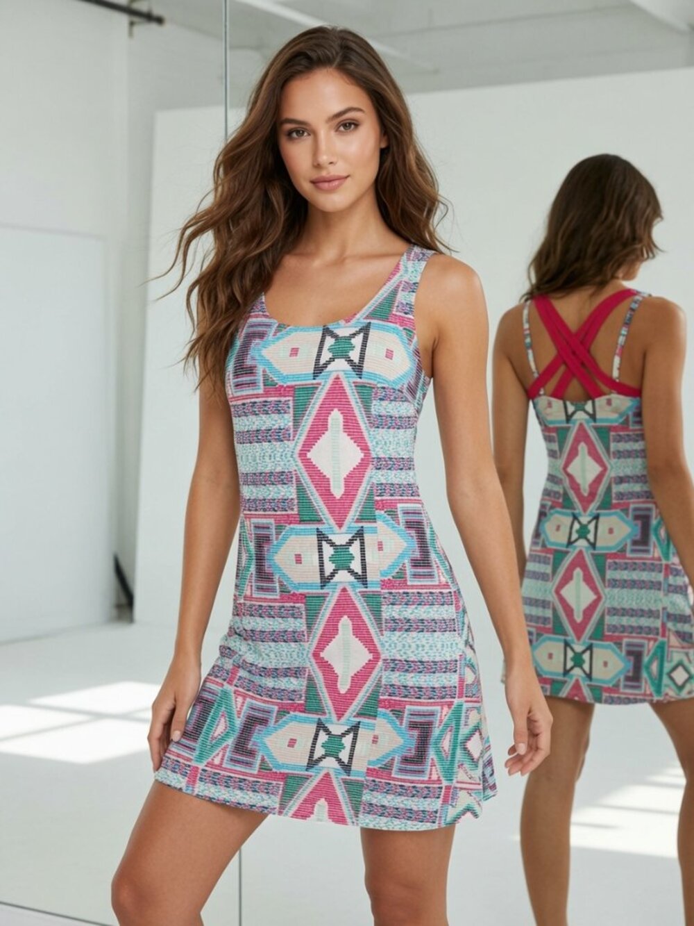 Boho Aztec Geometric Print Crisscross Strappy Tank Mini Dress